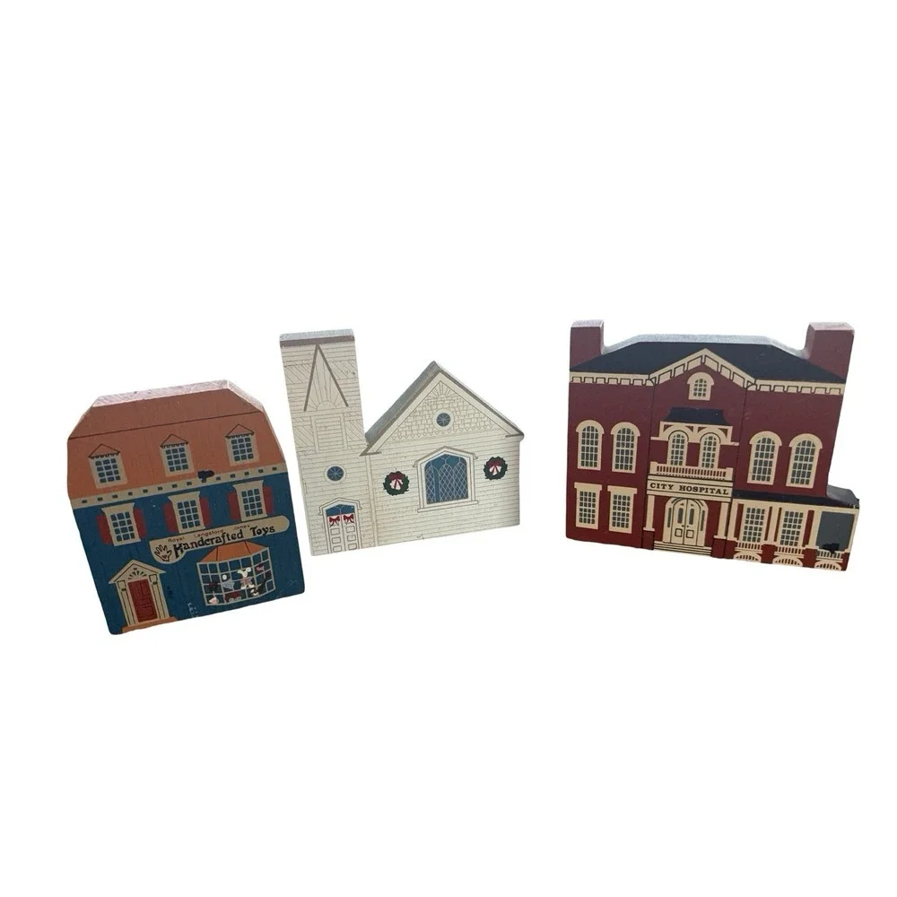 Lot of‎ 3 Cat's Meow wooden houses Church toy store City hospital